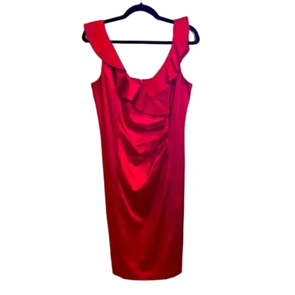 Suzi Chin For Maggy Boutique Satiny Red V-Neck Cocktail Midi Dress Size 10